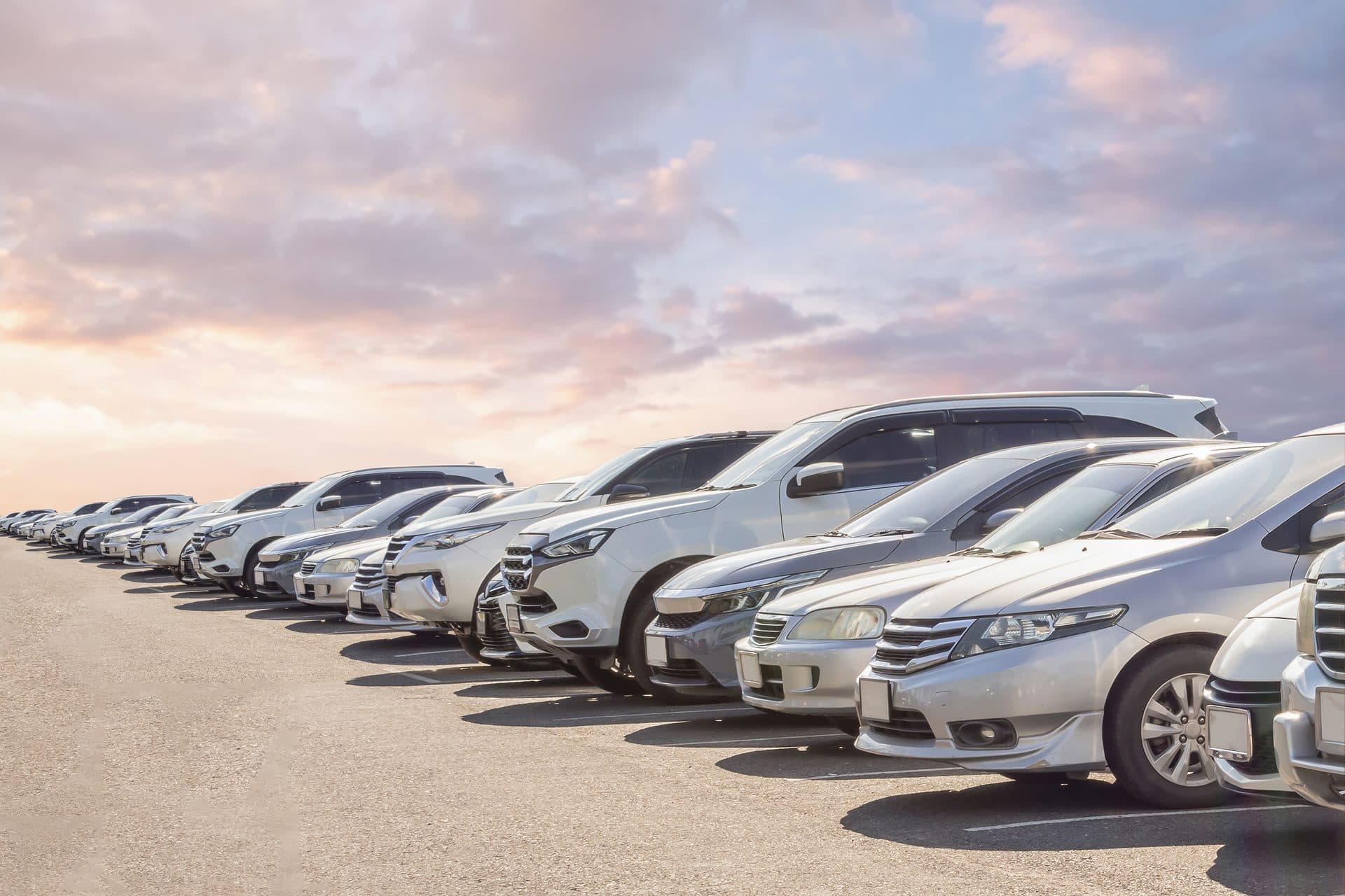 Row of used cars lined up on a dealership lot at sunset